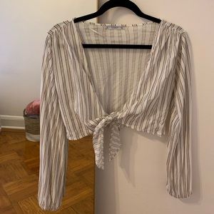 White pinstripe cropped wrap top